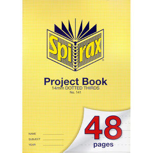 Spirax 141 A4 project book, yellow hounds tooth cover printed 14mm dotted thirds and No. 141, with a red 48 pages number on a curled corner