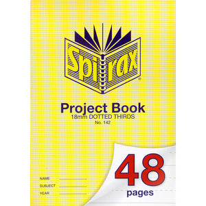 Spirax 142 A4 project book with the yellow hounds tooth cover, printed 18mm dotted thirds and No. 142, and a red 48 pages number on the curled corner