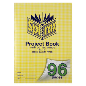 Spirax No. 146 A4 project book with a yellow check cover printed 14mm dotted thirds, 70gsm quality paper and a large 96 pages corner