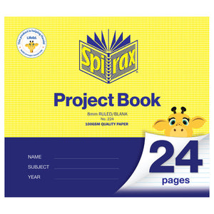 Spirax 224 project book in a landscape shaped yellow cover printed 8mm ruled/blank and 100gsm quality paper, with a giraffe peeking over the 24 pages corner