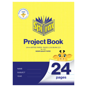 Yellow Spirax 225 project book cover printed 14mm dotted thirds, ruled 1/3 and blank 2/3, 90gsm quality paper, with a cartoon giraffe and 24 pages