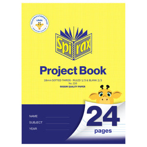 Spirax 226 project book with a yellow patterned cover reading 18mm dotted thirds, ruled 1/3 and blank 2/3, 90gsm quality paper and 24 pages beside a giraffe