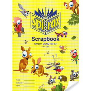 Spirax 150 scrapbook with a yellow houndstooth cover printed Scrapbook 100gsm, with cartoon kangaroo, bilby, cockatoo, echidna and other Australian animals