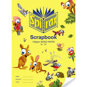 Spirax 150 scrapbook with a yellow houndstooth cover printed 100gsm bond paper, surrounded by cartoon Australian animals, among them a kangaroo, birds and a lizard