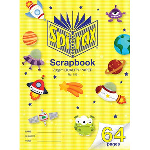 Spirax 156 scrapbook with a yellow cover showing rockets, planets and cartoon aliens, printed Scrapbook 70gsm quality paper and 64 pages