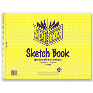 Spirax 579B sketch book with a yellow cover and side spiral, printed Genuine Drawing Cartridge, 48 sheets 110 gram, with an acid free badge and name panel
