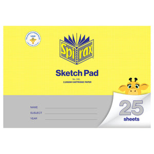 Spirax No. 241 sketch pad cover in landscape with yellow check and grey panels, cartridge paper, name subject year lines and 25 sheets on a curled corner