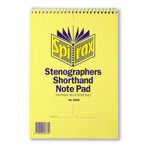 Spirax No. 566A Stenographers Shorthand Note Pad with a yellow check cover printed 200 Pages Red Centre Rule, Date from and to lines and a white top spiral