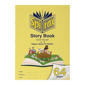 Spirax 169 Story Book current yellow cover printed 24mm ruled and 100gsm quality paper, with a farmyard scene rising from an open book and a 64 pages marker