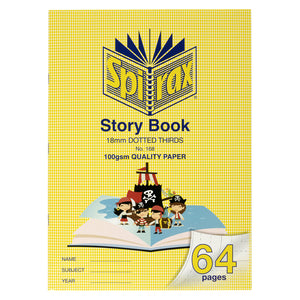 Spirax 168 story book with a yellow cover showing a pirate ship on an open book, printed 18mm dotted thirds and 100gsm quality paper, 64 pages
