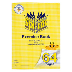 Spirax 311 super size exercise book cover in yellow, printed 6mm QLD ruled and 90gsm quality paper, with a giraffe beside the 64 pages corner