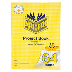 Spirax 321 super size project book with a yellow cover marked 8mm ruled and 90gsm quality paper, a cartoon giraffe and 64 pages on the corner