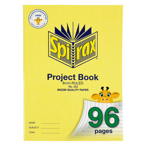 Spirax 322 super size project book, yellow patterned cover marked 8mm ruled, 90gsm quality paper and a green 96 pages corner with a cartoon giraffe