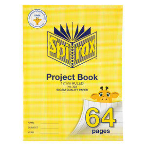 Spirax 323 super size project book with a yellow patterned cover printed 12mm ruled and 90gsm quality paper, a giraffe and 64 pages on the page curl