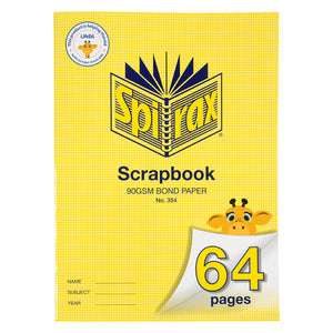Spirax 354 super size scrapbook with a yellow cover printed Scrapbook 90gsm and 64 pages, a cartoon giraffe and name, subject and year lines