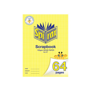 Spirax No. 977 scrapbook with a yellow patterned cover printed 100gsm bond paper, a cartoon giraffe peeking over a curled corner showing 64 pages, and name, subject and year lines