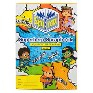 Spirax 157 Superhero Scrapbook cover with cartoon superhero children across comic panels, printed 90gsm and 64 page, No. 157, and name, subject and year lines
