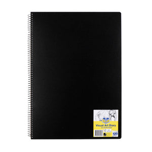 Spirax P703 visual art diary with a plain black cover, black spiral wire down the left edge and a yellow label reading A3 Portrait and 120 pages