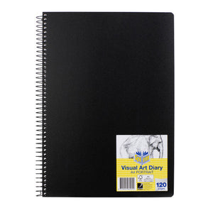 Spirax P704 A4 visual art diary in a black cover with a black spiral wire along the left edge and a yellow Visual Art Diary label marked A4 Portrait, 120 pages