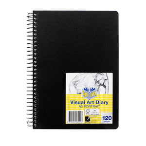 Spirax visual art diary with a black cover, black spiral wire coil on the left edge and a yellow label reading Visual Art Diary A5 Portrait, 120 pages