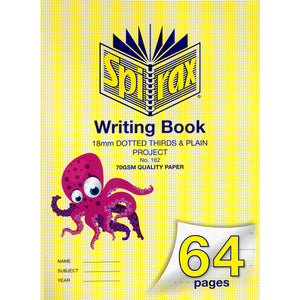 Spirax 162 writing book with a yellow cover and pink octopus, printed 18mm dotted thirds and plain project, 70gsm quality paper and 64 pages