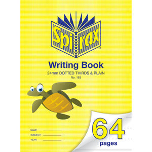 Spirax 163 writing book cover in yellow, printed 24mm dotted thirds and plain, with a cartoon turtle, Name Subject Year lines and a 64 pages corner