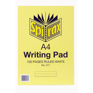 Spirax No. 411 A4 writing pad with a yellow checked cover, the Spirax logo, the words 100 pages ruled white and a blank name panel above the barcode