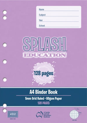 Current cover of the Splash Education SP4512 A4 binder book in lilac, showing seven punched holes on the left edge, 128 pages, 5mm Grid Ruled, 60gsm Paper and the Splash Code 4512 badge