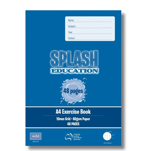 Blue front cover of the Splash Education A4 exercise book in 10mm grid, 60gsm paper, 48 pages, with Splash code 4452 in the corner
