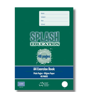 Dark green Splash Education A4 exercise book cover, 48 pages, with a navy band reading Plain Pages and 60gsm Paper and a small 4399 Splash Code box at the lower left