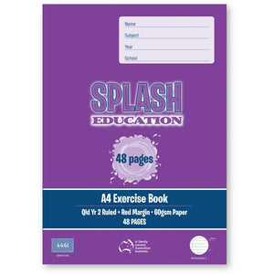 Purple front cover of the Splash A4 exercise book with 48 pages, Qld Yr 2 Ruled, Red Margin, 60gsm Paper and Splash code 4461