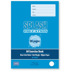 Blue front cover of the Splash A4 exercise book with 96 pages, 8mm Feint Ruled, Red Margin, 60gsm Paper and code 4402