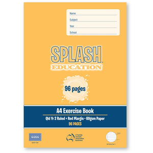 Front cover of the Splash Education A4 exercise book in orange, printed 96 pages, Qld Yr 2 Ruled, Red Margin, 60gsm Paper and Splash code 4464