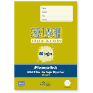 Olive front cover of the Splash A4 exercise book showing 96 pages, Qld Yr 3-4 Ruled, Red Margin, 60gsm Paper and code 4463
