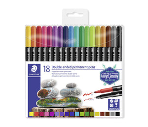 Staedtler 3187 TB18 wallet of 18 double-ended permanent pens, label with painted pebbles, red and black sample pens and 18 colour chips