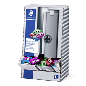 Staedtler counter display carton printed Metal sharpener metallic edition, its front tray filled with metallic sharpeners