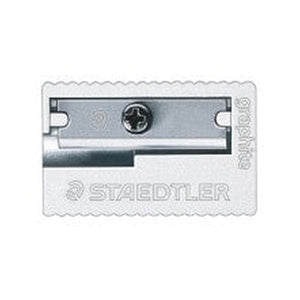Top view of the silver Staedtler 510 10 single hole sharpener, one screwed blade, graphite on the end and STAEDTLER on the base