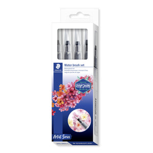 Current Staedtler 949-SBK4-C water brush set box with Design Journey badge, flower artwork and four water brushes visible through the window