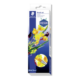 Current Staedtler 989-SBK3-3 brush set box with Design Journey badge and yellow flower artwork, three brushes inside the window