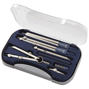 Staedtler ARCO 559 09 compass set open in its hard case with clear lid: two compasses, dividers, extension bar, ruling pen and a spares tube in a navy tray