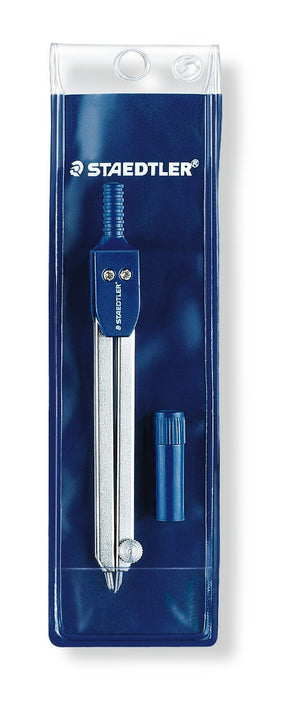 Staedtler ARCO 559 50 WP compass in its navy soft wallet with clear window and hang hole: silver compass with blue head, STAEDTLER logo and a blue spare tube beside it