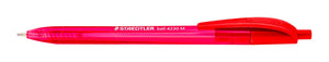 Red Staedtler ball 4230 M ballpoint lying flat, see-through red tinted barrel printed with the Staedtler name, red clip and push button