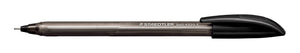 Black Staedtler ball 4320 F ballpoint pen with a smoky grey barrel, lying flat with the black curved cap posted on the end