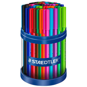 Staedtler cup of 50 capped triangular ballpoint pens in mixed colours including blue, black, red, green, pink, purple, orange and light green, with a blue Staedtler band around the cup