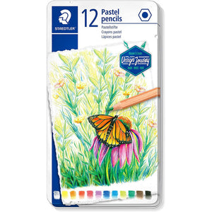Closed Staedtler metal tin printed 12 Pastel pencils with the Design Journey mark and a butterfly on flowers drawn in pastel