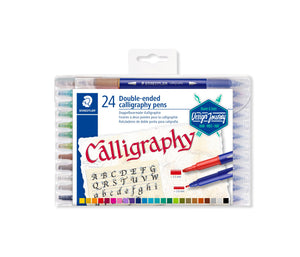 Staedtler hanging wallet of 24 double-ended calligraphy pens, Design Journey badge, Calligraphy alphabet artwork and a row of 24 colour swatches