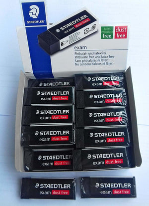 Open Staedtler counter box of 20 exam black erasers, lid printed exam, phthalate free and latex free, with dust free panel