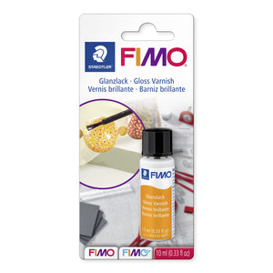 FIMO gloss varnish 8703 01 BK on its current blister card with varnished patterned beads pictured and a 10 ml (0.33 fl oz) bottle with black cap