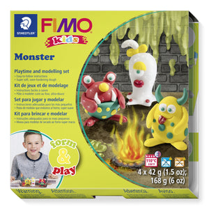 FIMO kids form and play Monster box with a white ghost monster, yellow horned monster and red monster by a campfire
