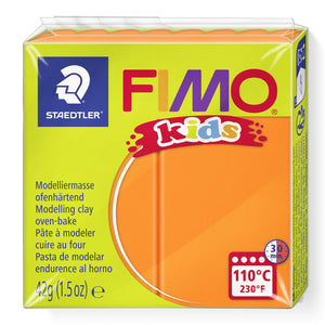Current lime green FIMO kids pack of orange modelling clay 8030-4, showing the Staedtler logo, 42g (1.5oz) and the 110°C 30 min oven badge